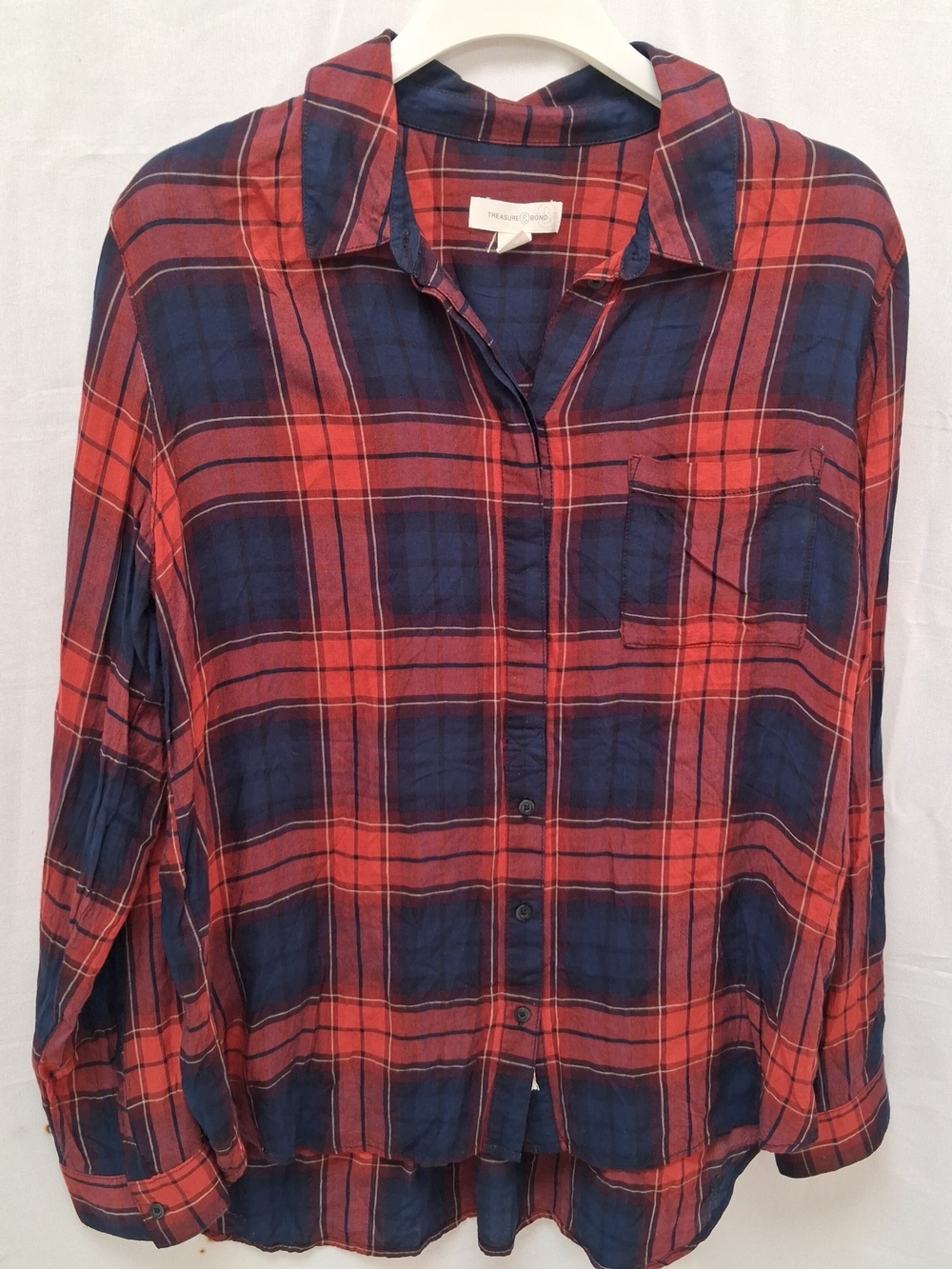 Treasure & Bond Red Navy Blue Plaid Button Down Shirt Large Long Sleeve Pocket